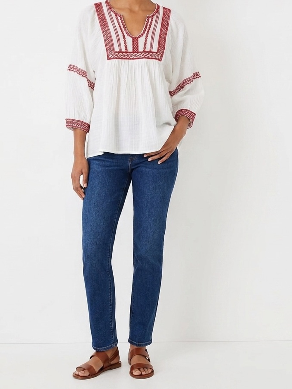 Max Studio White Tunic with Red Embroidered Yoke